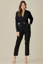 Load image into Gallery viewer, Belted Waist Collared Satin Jumpsuit
