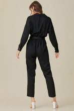 Load image into Gallery viewer, Belted Waist Collared Satin Jumpsuit
