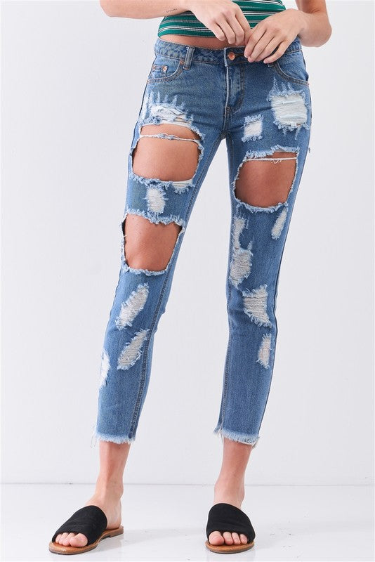 Ripped Destroyed Low-Mid Rise Denim Jeans