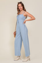 Load image into Gallery viewer, DENIM BLUE SLEEVELESS JUMPSUIT WITH SELF FRONT TIE
