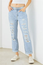Load image into Gallery viewer, Light Blue Denim Cotton Ripped High Waist Jeans
