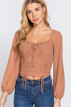 Load image into Gallery viewer, Long Sleeve Front Tied Ruched Detail Woven Top
